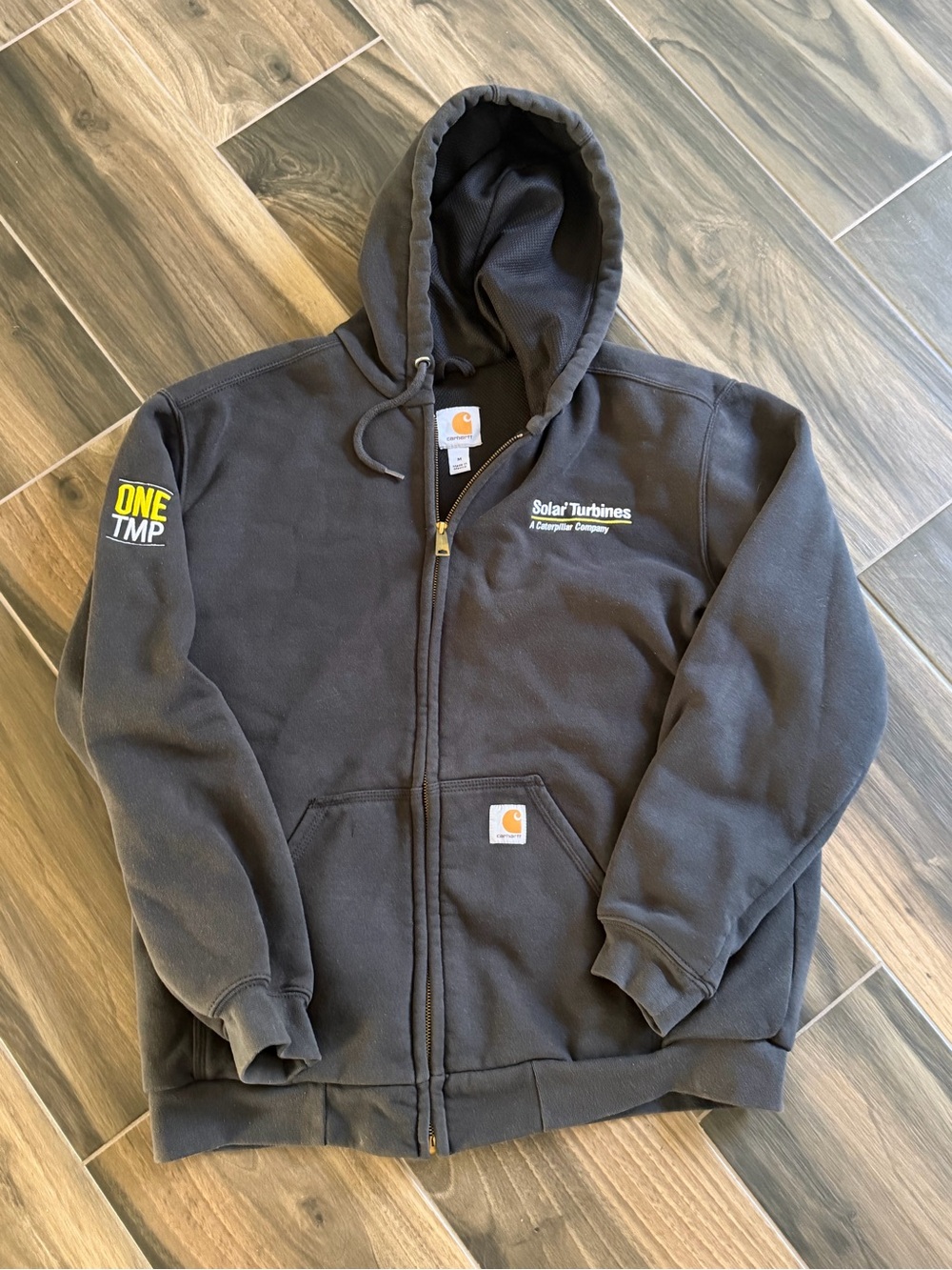 Heavy Carhartt Black Zip-Up Hooded Jacket with Solar Turbines Embroidery